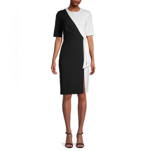 CALVIN KLEIN BLACK WHITE COLORBLOCK SHEATH BUSINESS CAREER DRESS SZ 8 - Picture 1 of 5